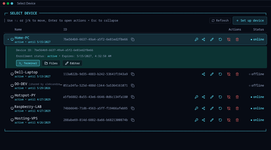 DirectGate device selector showing six paired devices with online status, expiry dates, and per-device actions